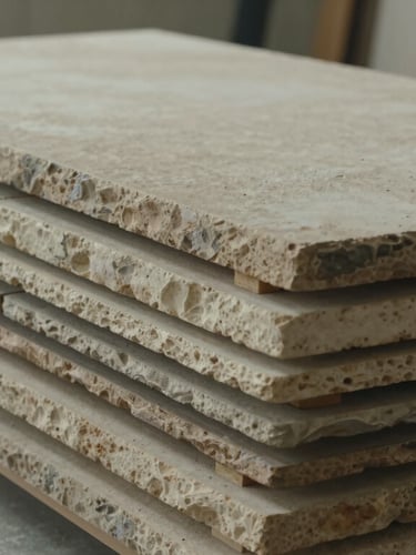 Wide cinematic shot of natural warm stone slabs stacked in an architectural atelier, diffused cool light, minimal composition