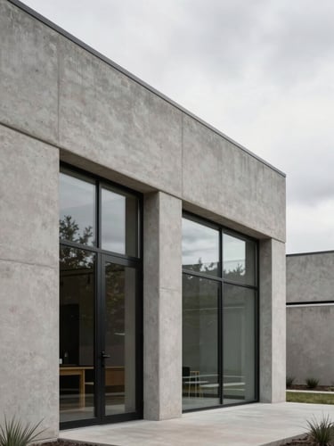 Architectural detail of a minimalist concrete and glass studio in Park City, overcast sky, soft shadows, clean structural lines