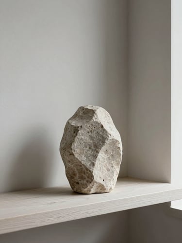 A quiet, minimalist corner of the Park City studio, featuring a natural stone sculpture on a white oak shelf, soft northern light