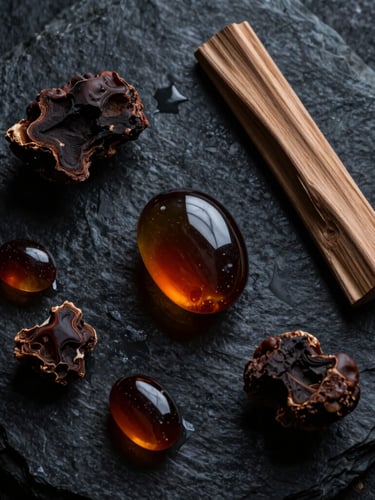 A dramatic overhead flatlay of dark raw ingredients like amber and cedar wood on a wet dark stone surface, low-key lighting, deep shadows