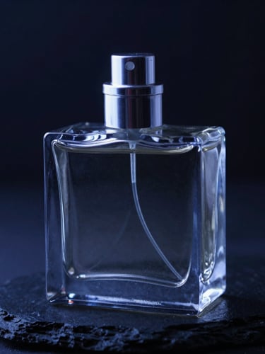 Macro close-up of a sleek premium glass perfume bottle reflecting dark blue light on a black stone surface, sharp glass reflections, 85mm lens