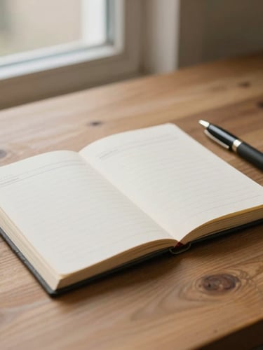 Un carnet de notes ouvert sur une table en bois clair, un stylo élégant posé à côté, lumière douce de fin d'après-midi, atmosphère de réflexion et de clarté