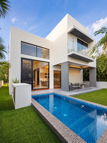 Modern luxury villa featuring a private blue mosaic swimming pool and green lawn.
