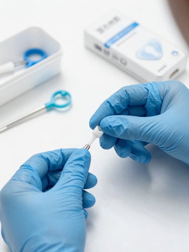 Close-up of hands wearing blue clinical gloves neatly organizing clinical dental materials and boxes on a clean white surface, soft shadows, bright daylight