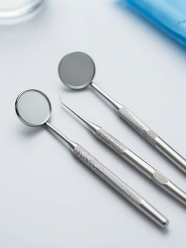 Clean product photography of professional stainless steel dental explorers and mirrors lying on a sterile light gray surface, bright high-key studio lighting, sharp focus, clinical blue tones.