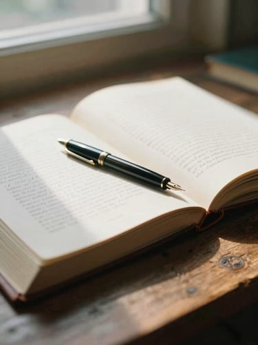 Close-up of a rustic wooden desk with open leather-bound classical books, a fountain pen resting on a handwritten manuscript, soft natural window light casting warm shadows, shallow depth of field, 35mm film