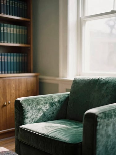 A quiet consultation room with a comfortable green velvet armchair, a wooden bookshelf filled with academic volumes in the background, soft morning sunlight filtering through a tall window, 35mm film