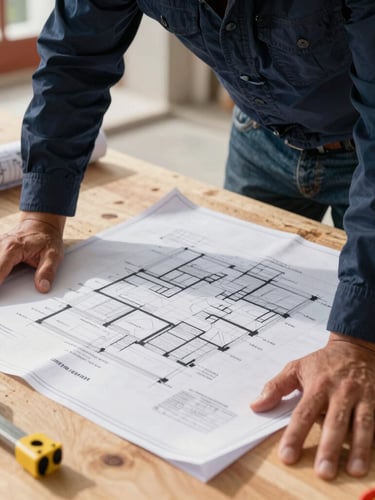 Close-up of a professional engineer examining blue architectural blueprints on a wooden work table at a construction site, sharp natural daylight, technical tools nearby
