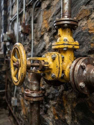 Close-up of a heavy industrial yellow water pump valve assembly, sharp focus, metallic textures, slate background, technical lighting.