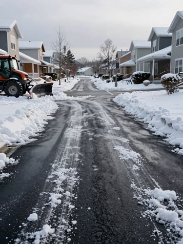Wide-angle street-level view of a freshly cleared residential driveway on the Rive-Sud, a snowplow blade visible at the far left edge mid-sweep, thick snow banks piled on each side, harsh overcast winter morning light, no people visible, salt residue on dark asphalt