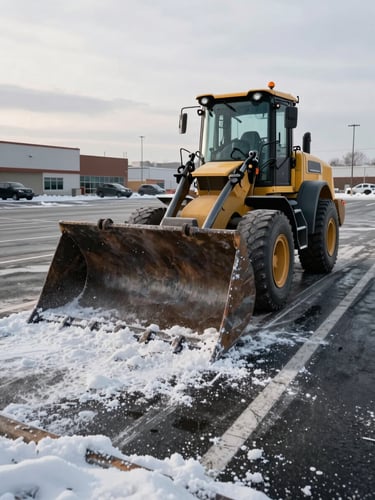 Street-level view from inside a heavy front-loader bucket clearing a wide commercial parking lot on a grey winter morning, snow projecting left, salt scattered on cleared asphalt, industrial scale visible, harsh overcast daylight, no people