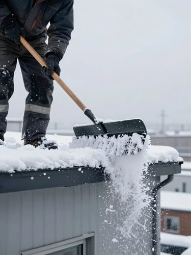 Close-up of a worker in heavy winter gear scraping snow from a flat commercial roof with a long-handled blade, snow falling off the edge in a cascade, harsh grey winter sky, no face visible