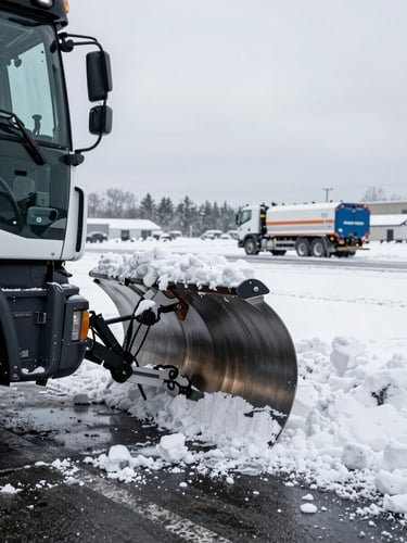 Close-up from truck cab perspective of a heavy front-mounted snow plow blade pushing a wall of snow on a commercial lot in Rive-Sud, salt spreader visible in background, harsh overcast winter daylight, no people visible, asphalt and snow contrast sharp