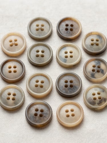 Macro shot of natural horn buttons arranged in a rigid geometric grid on a light linen surface, soft diffused studio lighting, high texture detail