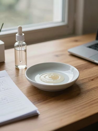 Close-up of a wooden desk surface under soft morning window light, a glass dropper bottle and handwritten formulation notes to the left, a clean ceramic dish holding a product sample at center, workspace edge visible at right — natural overcast daylight, no flash