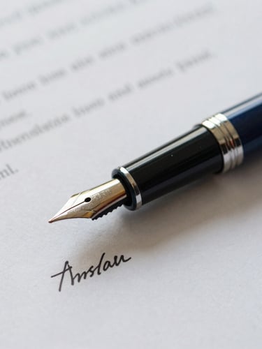 Close-up macro shot of signed legal documents and a classic fountain pen on heavy textured paper, soft overcast daylight, muted tones.