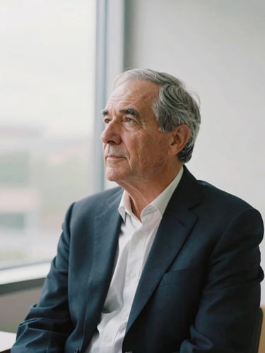 A quiet, natural-light portrait of a senior law partner in deep thought, soft overcast daylight, muted corporate tones, 50mm lens.