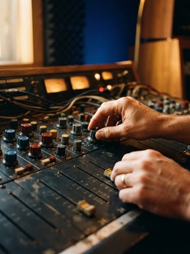 Intimate close-up of hands adjusting a premium vintage mixing console, warm golden-hour studio lighting, deep royal blue shadows, shallow depth of field, 35mm