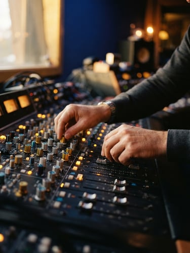 Intimate close-up of hands adjusting a high-end mixing console, warm golden-hour highlights and deep blue shadows, shallow depth of field, 35mm
