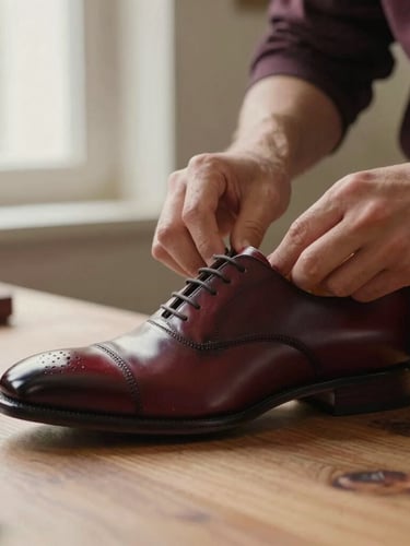 Low-angle environmental shot of an artisan's hands carefully polishing a Santoni leather oxford shoe on a wooden workbench, soft window light, warm tones