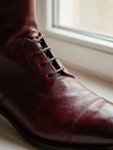 Tight macro shot of a hand-burnished leather toe box with deep burgundy patina, soft directional window light highlighting the grain, 35mm film texture