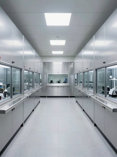 Straight-on architectural view of a modern cleanroom facility, bright clinical daylight, crisp metallic lines.