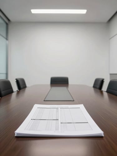 Crisp straight-on architectural shot of a modern corporate boardroom, clean white studio lighting, technical documentation resting on a polished table.