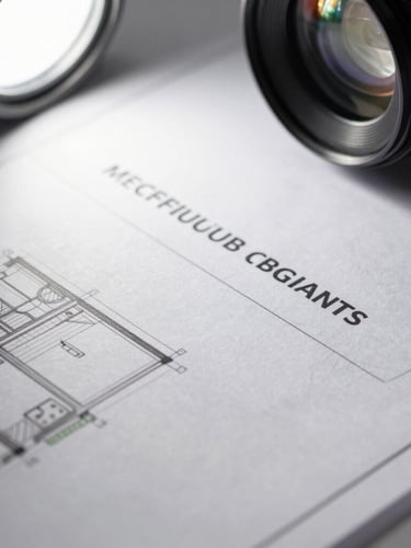 Macro close-up of technical compliance documentation and architectural blueprints under bright white studio lighting, sharp focus.