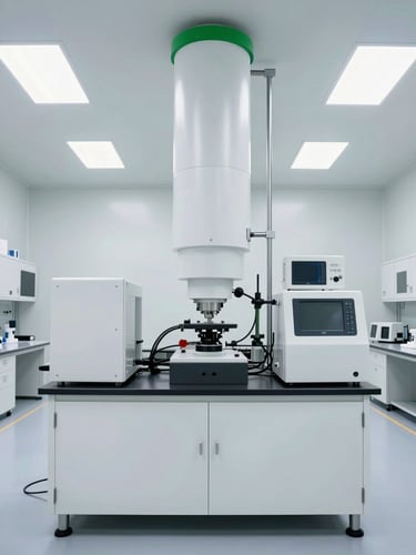 Straight-on architectural shot of a modern cleanroom facility with clinical white lighting and sharp green accents, high-precision industrial environment.