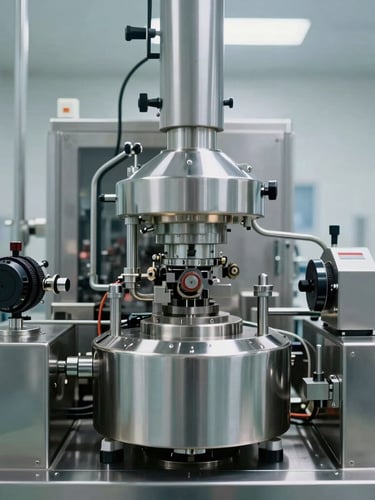 Straight-on shot of automated pharmaceutical manufacturing equipment, clean steel surfaces, bright clinical lighting.