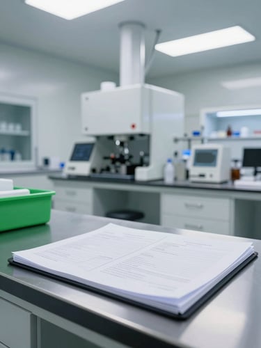 Straight-on architectural shot of a modern cleanroom laboratory, clinical white lighting, technical documentation folders resting on a steel counter, sharp green accents.