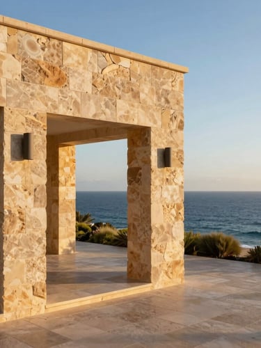 Architectural detail of a luxury villa with local stone and tile, warm natural sunlight, ocean views.