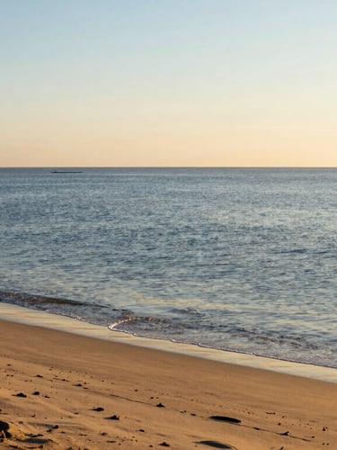 Wide golden-hour vista of the San Felipe coast, calm blue water meeting sandy shores, soft warm light, 35mm lens.