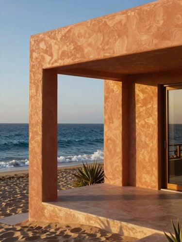 A beautiful warm editorial portrait of a modern oceanfront villa in San Felipe at golden hour, soft terracotta plaster walls, deep blue sea in the background, warm sunlight, 35mm lens.