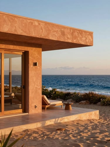 A warm editorial photograph of a modern oceanfront villa terrace in San Felipe at golden hour, soft terracotta tones, deep blue sea in the background