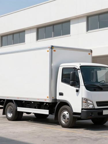 A clean local delivery truck parked outside a modern organized warehouse in Santiago, bright daylight, commercial utility style