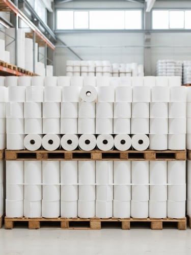 Bright high-key product photography of commercial paper rolls stacked neatly in a clean warehouse environment, crisp daylight, sharp focus