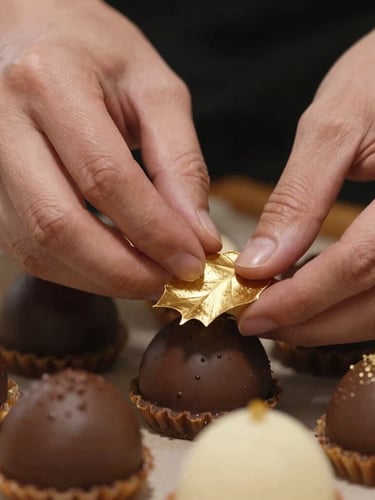 Gros plan macro sur des mains gantées déposant une feuille d'or délicate sur une mignardise chocolatée brillante.