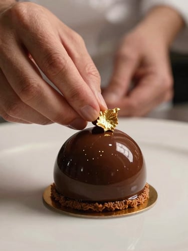 Extremely tight macro shot of a pastry chef's hands placing a delicate gold leaf garnish on a glossy chocolate dome mignardise, warm directional side-lighting, soft shadows, luxury editorial style.