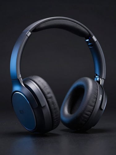 Front-facing product elevation of EZI Pro Noise-Cancelling Headphones, sleek design against a dark reflective surface, dramatic key lighting, sharp metallic reflections, portrait aspect.