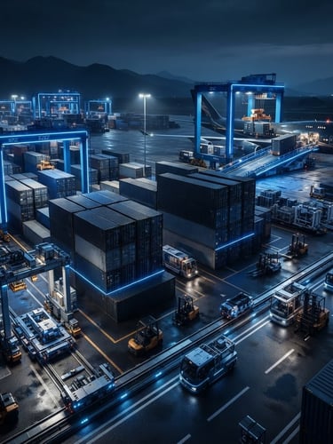 Wide panoramic view of a modern, high-tech industrial shipping dock at the Sichuan Zang Airport Economic Zone, containers stacked, with dramatic blue rim lighting and sharp metallic reflections on the machinery. A large cargo plane is visible in the background, tight macro crop, front-facing product elevations, and clean isometric angles.