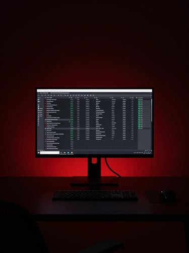 Minimalist high-end tech workspace with a single monitor displaying structured data tables, dramatic dark shadows with subtle red ambient glow