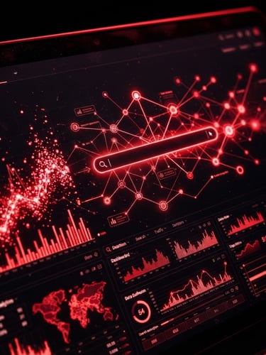 Macro close-up of a clean search analytics interface on a dark screen, sharp red ambient lighting, high contrast, 50mm lens