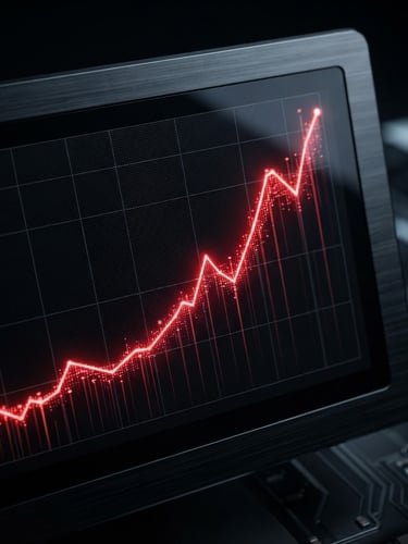 Macro detail of a clean analytical dashboard with sharp red line graphs reflecting traffic growth, high-contrast studio lighting, dark background