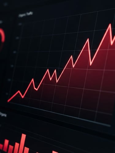 Macro detail of a clean analytical dashboard showing organic traffic growth, sharp high-contrast red accent lighting on black screens, 50mm