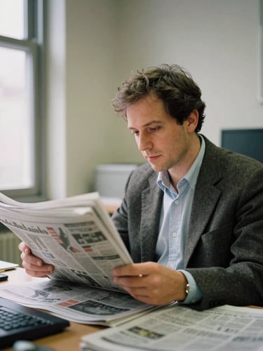 A candid medium environmental portrait of a local newspaper editor reviewing print sheets under warm window light in a small downtown office, 35mm film style.