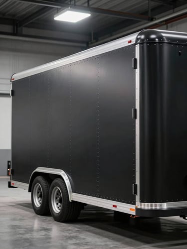 Dramatic side profile of a matte black enclosed transport trailer, custom branded, parked under sharp industrial spotlights, highlighting the clean geometric lines of the secure cargo bay.