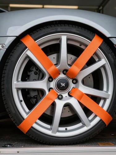 Close-up of a pristine sports car wheel secured with heavy-duty orange tie-down straps inside a clean, modern enclosed trailer