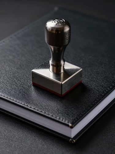 Macro detail shot of an official steel certification stamp on a matte black security folder, low-key high-contrast directional lighting, metallic textures and sharp paper edges visible, dark background.