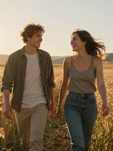 Cinematic medium shot of a young couple walking through a golden-hour wild oat field in Northern California, low-angle warm sun creating soft lens flares, her hair caught in the wind as she laughs off-center, authentic and unposed interaction, shallow depth of field.